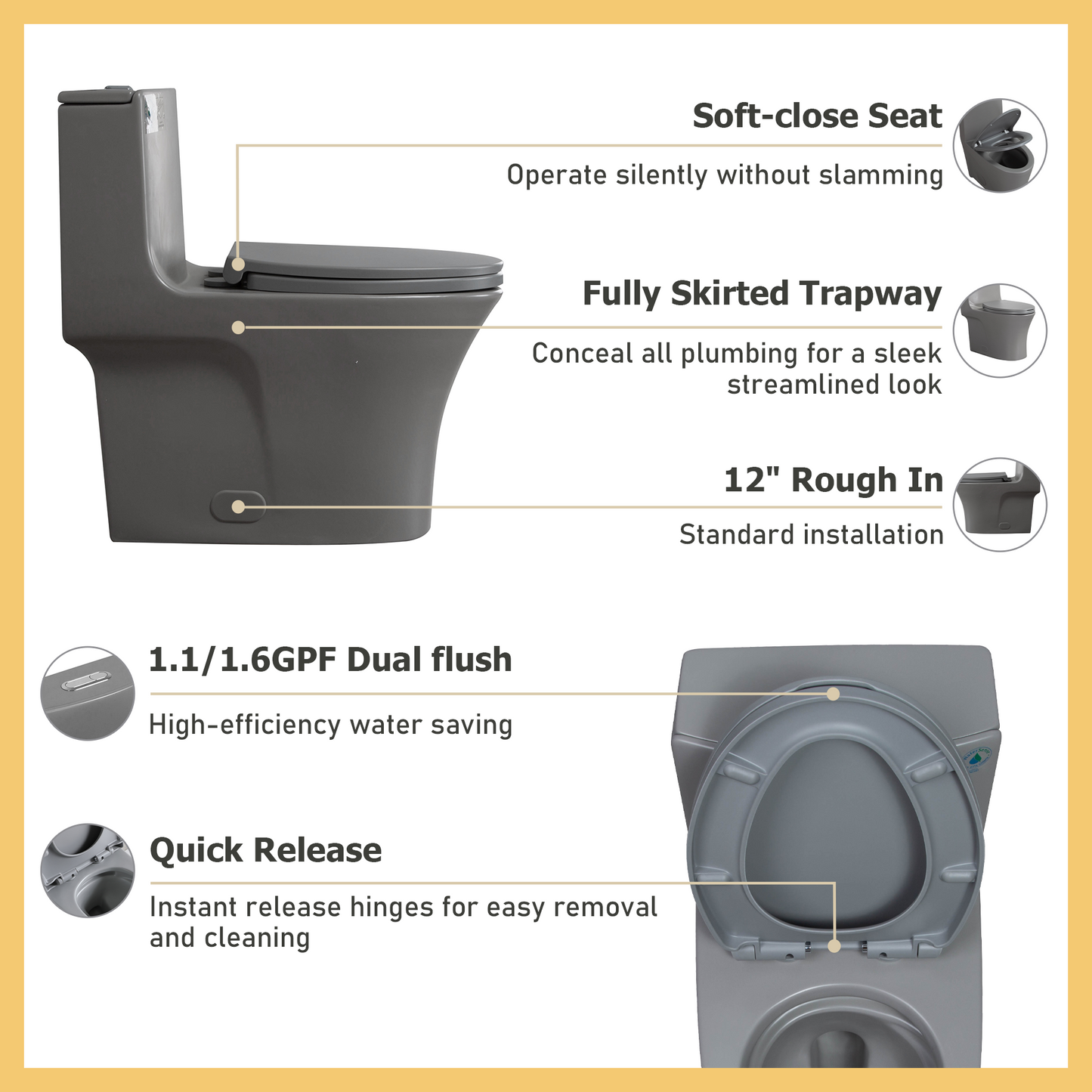 One-Piece Toilet, Dual Flush 1.1/1.6 GPF, Light Grey T02-LG