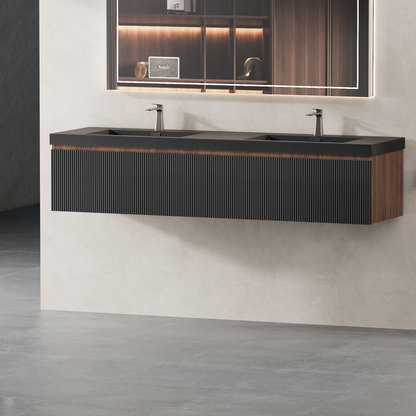 72" Liner - Floating Bathroom Vanity Integrated Double Basin, Smoked Walnut & lnk Black V16-72WAB