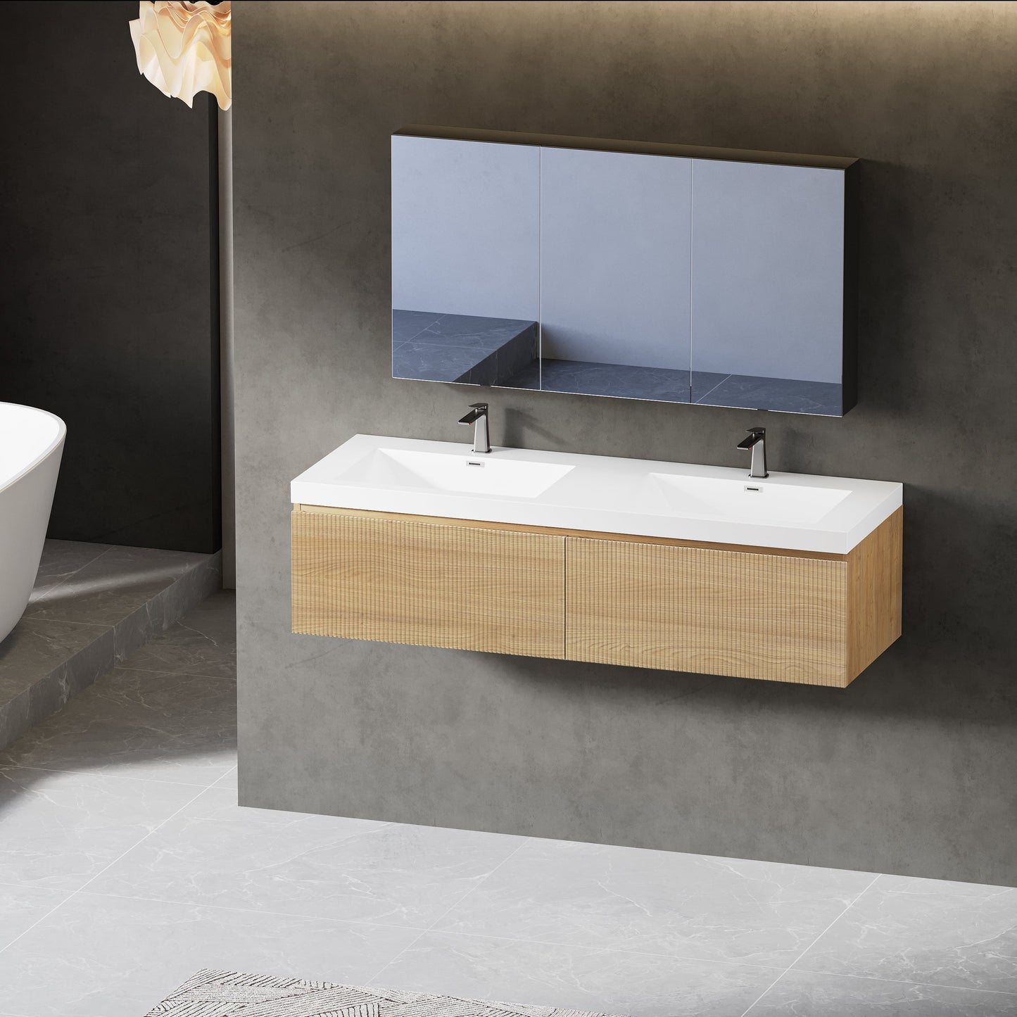60" Liner - Floating Bathroom Vanity Integrated Double Sink Basin, Natural Oak V16-60NOW