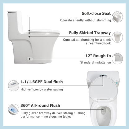 One-Piece Toilet, Dual Flush 1.1/1.6 GPF, Glossy White T02-GW