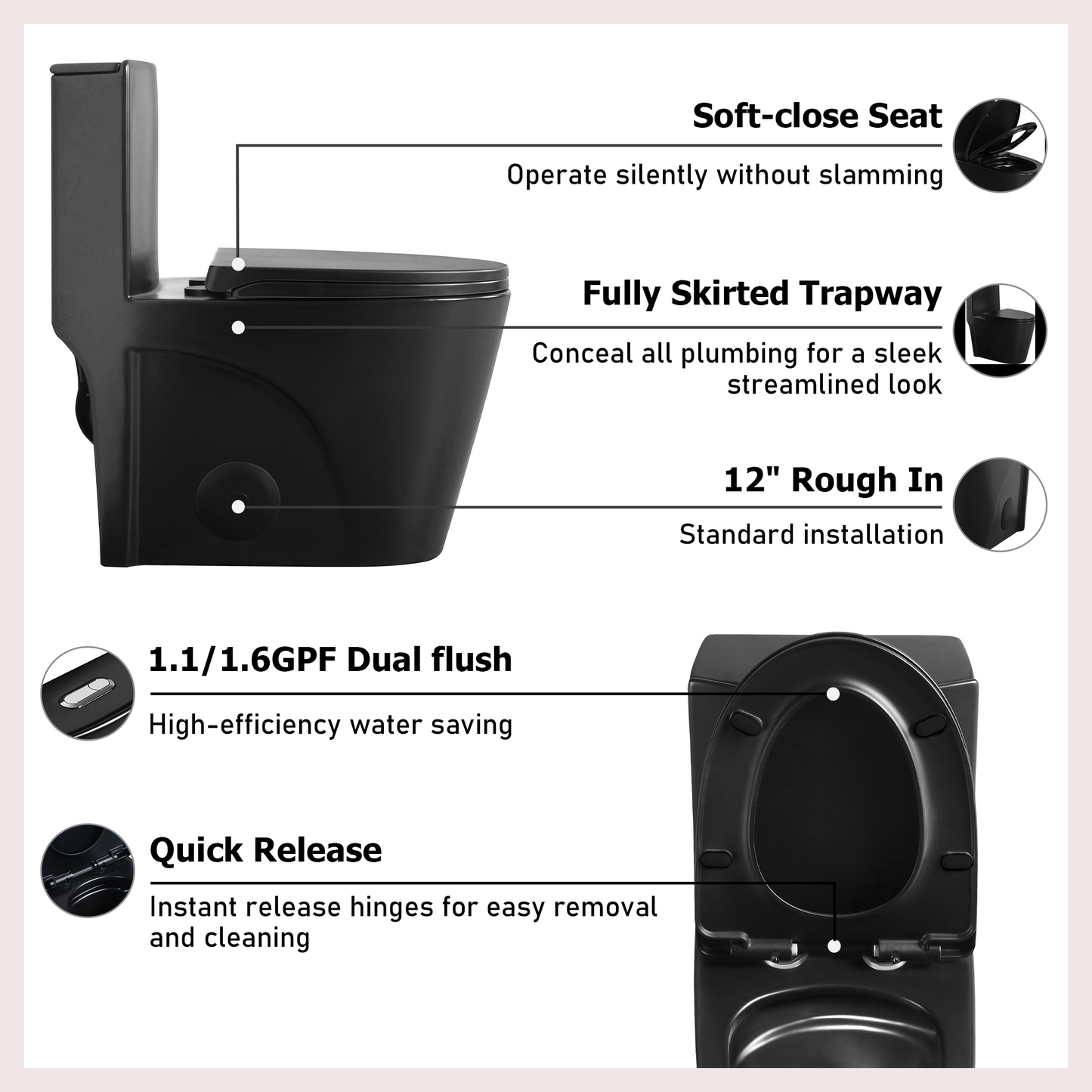 One-Piece Toilet, Dual Flush 1.1/1.6 GPF, Matte Black  T01-MB