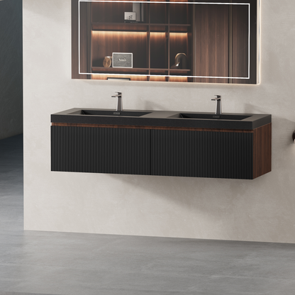 60" Liner - Floating Bathroom Vanity Integrated Double Basin, Smoked Walnut & lnk Black V16-60WAB