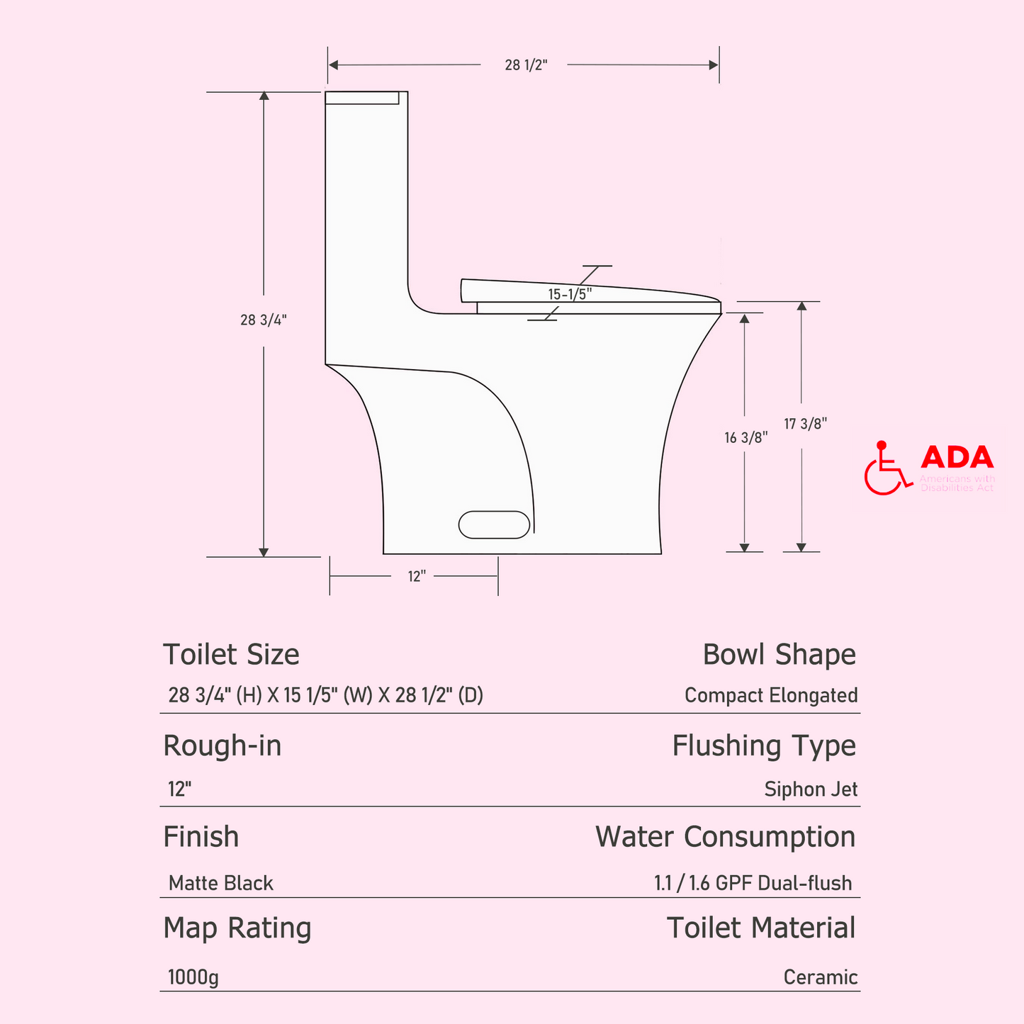 One-Piece Toilet, Dual Flush 1.1/1.6 GPF, Matte Black T02-MB