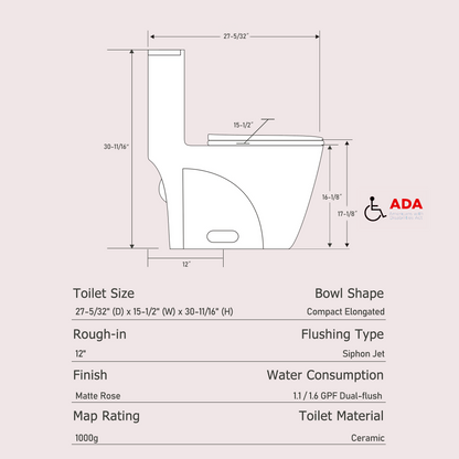 One-Piece Toilet, Dual Flush 1.1/1.6 GPF, Pink Rose T01-RS