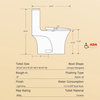 One-Piece Toilet, Dual Flush 1.1/1.6 GPF, Light Grey T02-LG