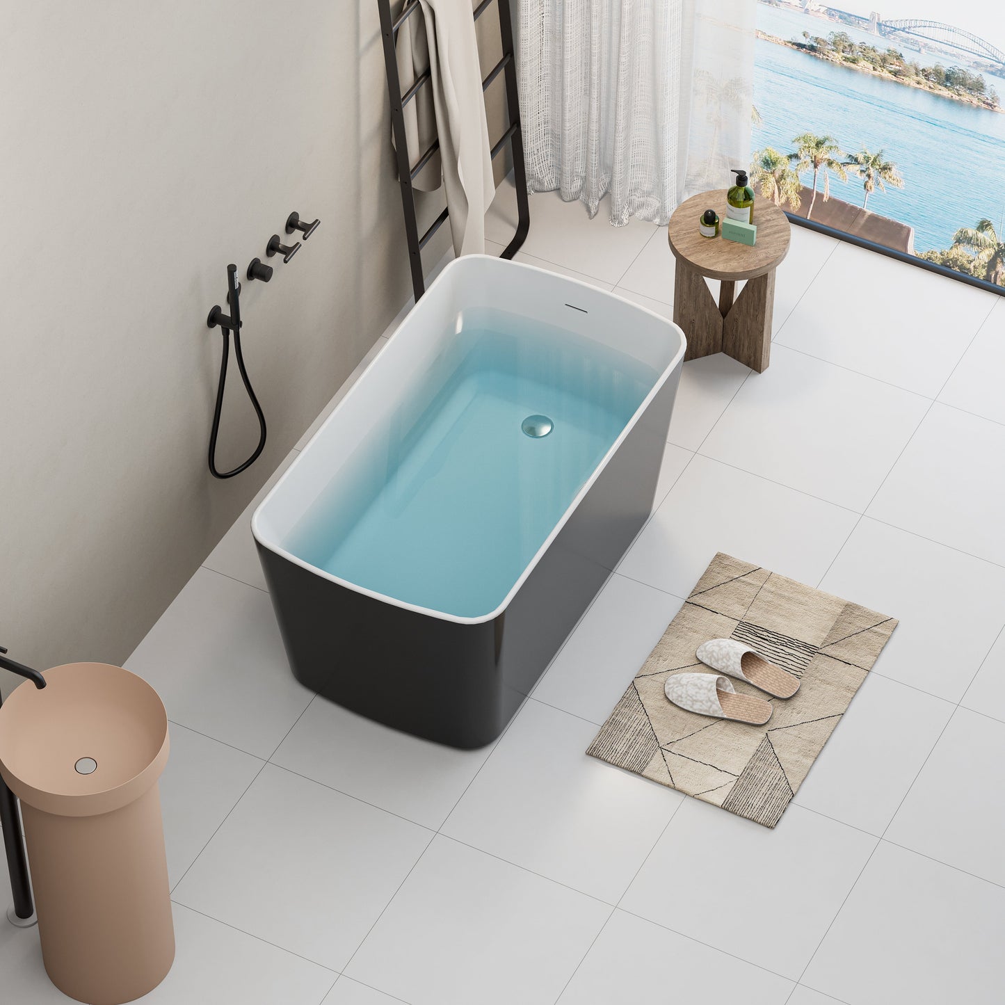 49" Acrylic Freestanding Japanese Soaking Bathtub, Glossy White/Black A01