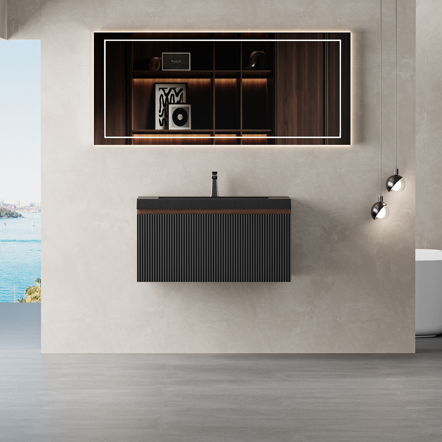 30" Liner - Floating Bathroom Vanity, Smoked Walnut & lnk Black V16-30WAB