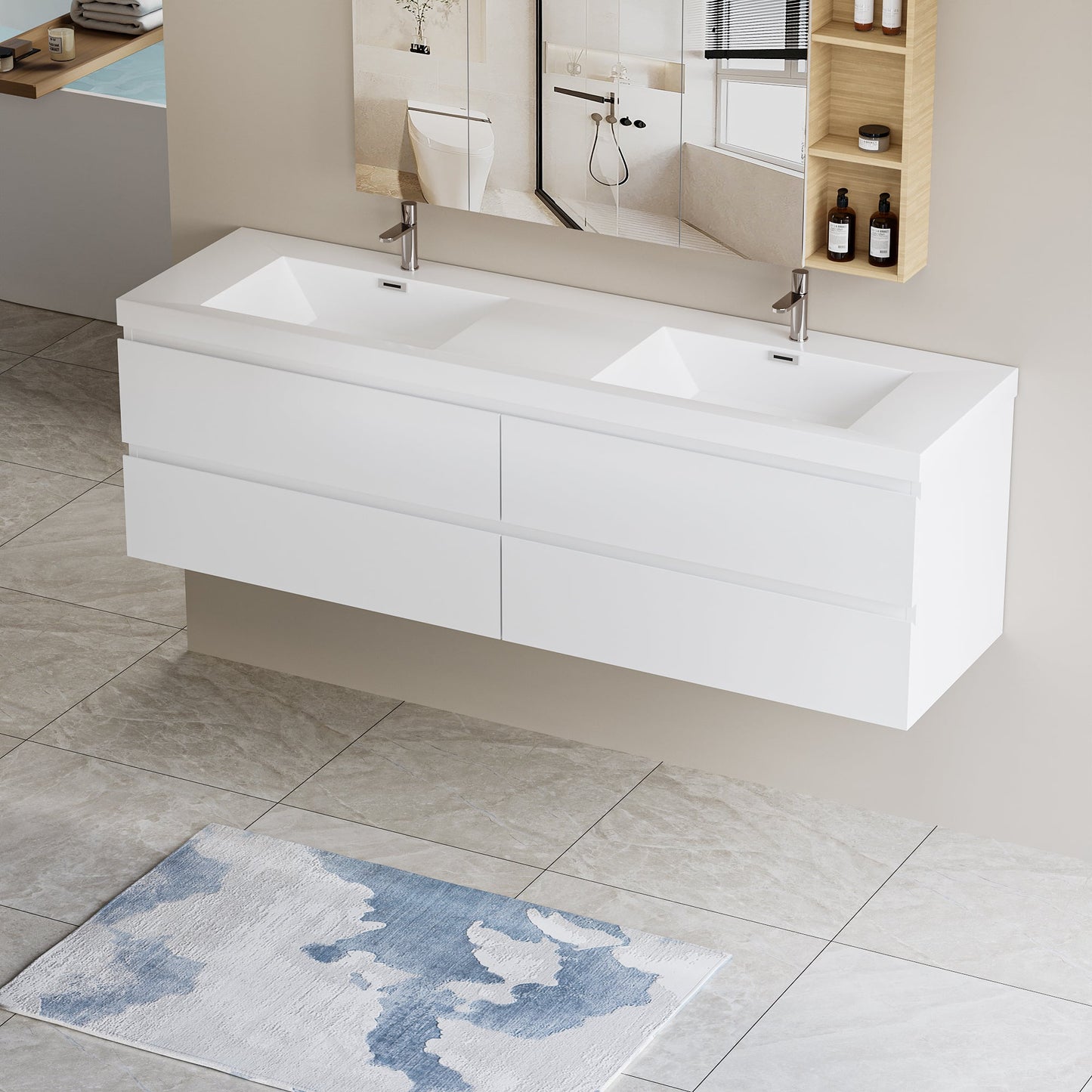 72" Angela - Floating Bathroom Vanity Double Sink Glossy White V11-72GW