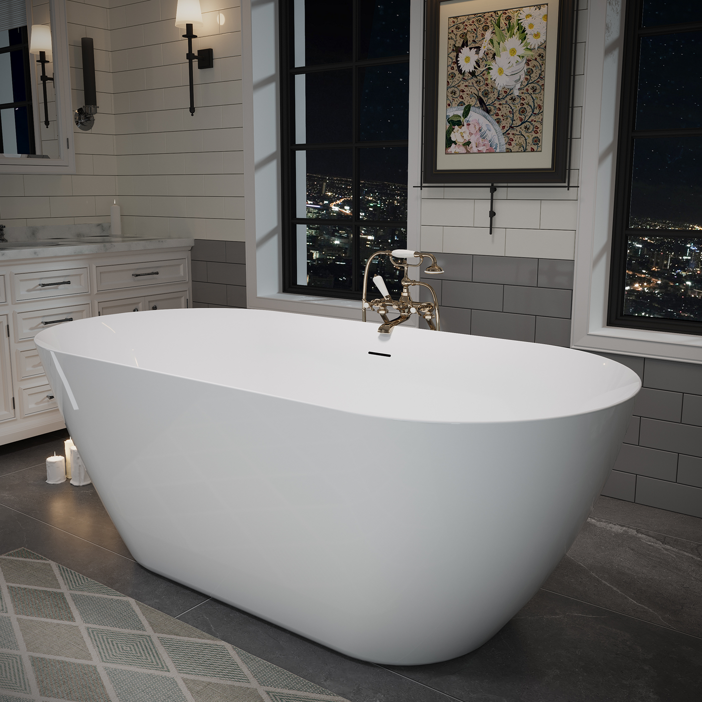 55"/60"/63" Minimalist Oval Acrylic Freestanding Soaking Bathtub, Glossy White A09
