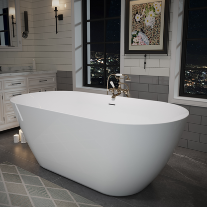 55"/60"/63" Minimalist Oval Acrylic Freestanding Soaking Bathtub, Glossy White A09