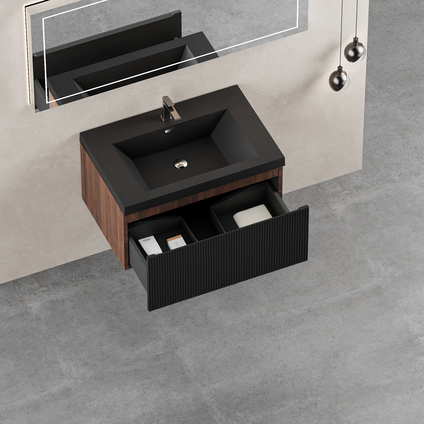 30" Liner - Floating Bathroom Vanity, Smoked Walnut & lnk Black V16-30WAB