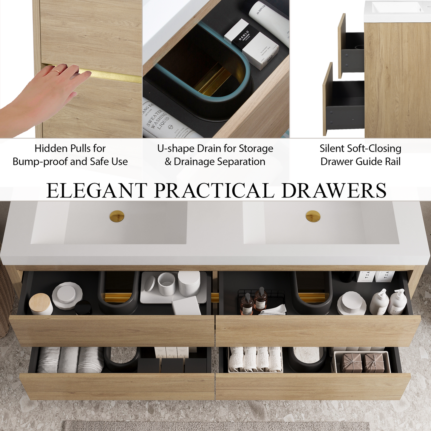 60" Aurelia - Floating Bathroom Vanity, Natural Oak V15-60DNO