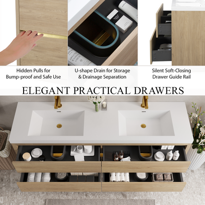 72" Aurelia - Floating Bathroom Vanity, Natural Oak V15-72NO