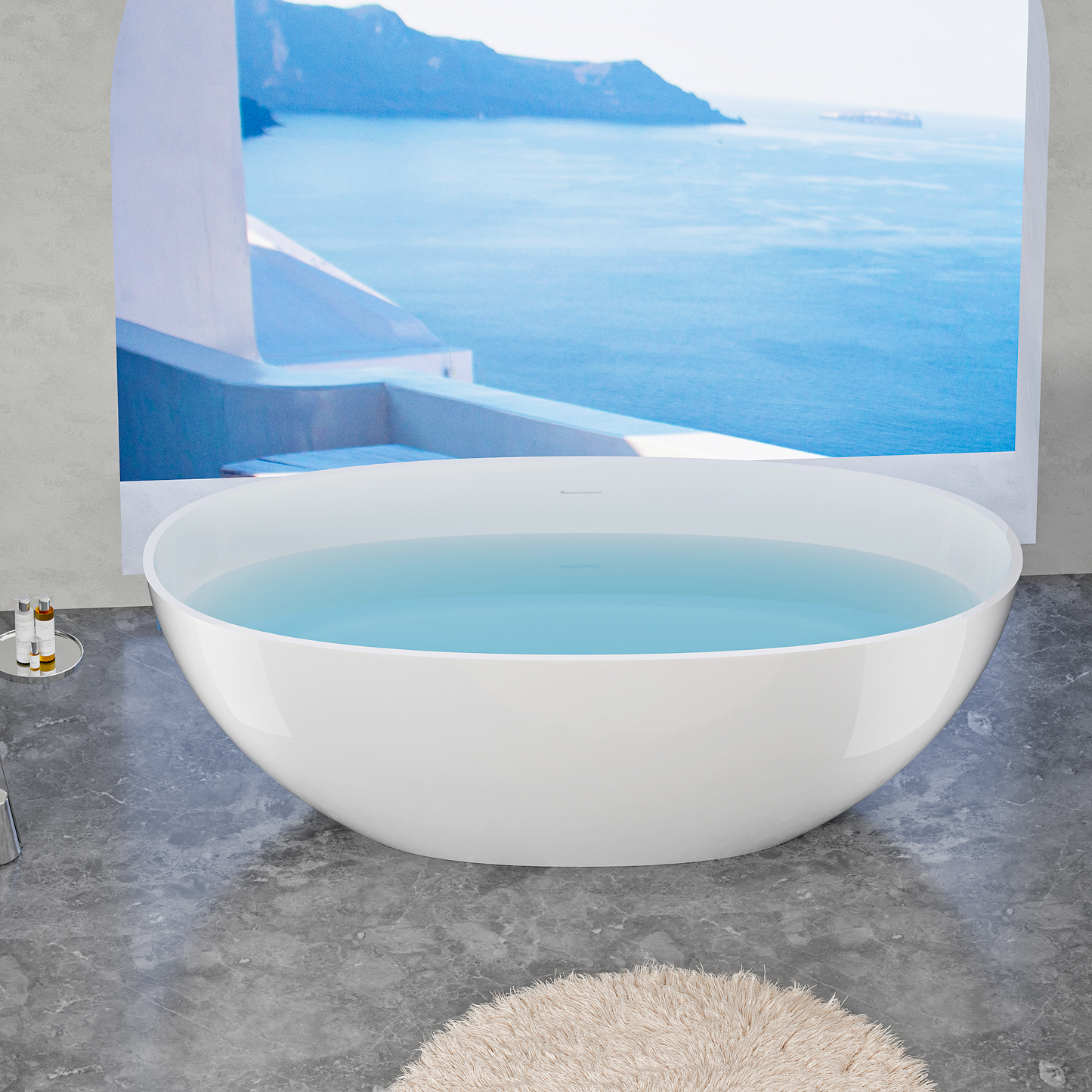 65" Elegant Oval Solid Surface Freestanding Soaking Bathtub, Matte/Gloss White S06-65
