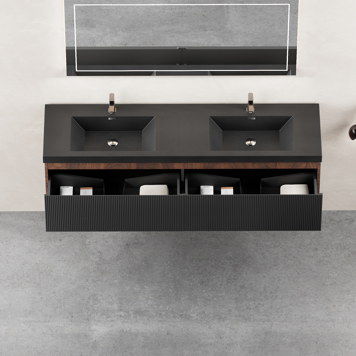 72" Liner - Floating Bathroom Vanity Integrated Double Basin, Smoked Walnut & lnk Black V16-72WAB