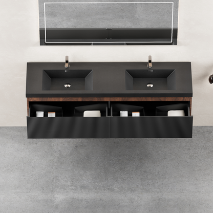 72" Liner - Floating Bathroom Vanity Integrated Double Basin, Smoked Walnut & lnk Black V16-72WAB