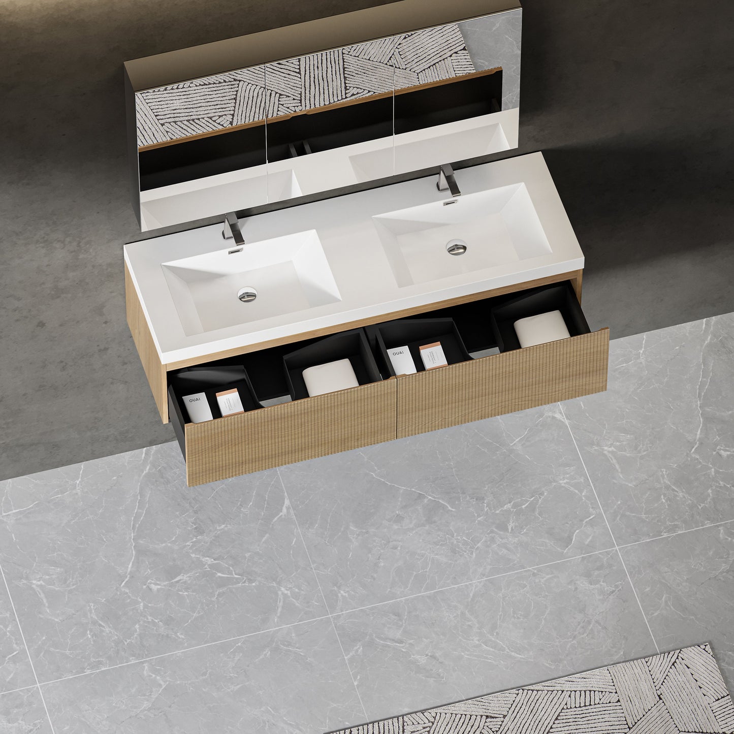 60" Liner - Floating Bathroom Vanity Integrated Double Sink Basin, Natural Oak V16-60NOW