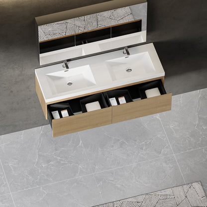 60" Liner - Floating Bathroom Vanity Integrated Double Sink Basin, Natural Oak V16-60NOW