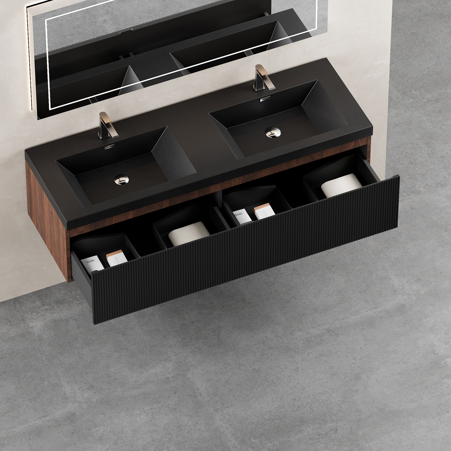 60" Liner - Floating Bathroom Vanity Integrated Double Basin, Smoked Walnut & lnk Black V16-60WAB