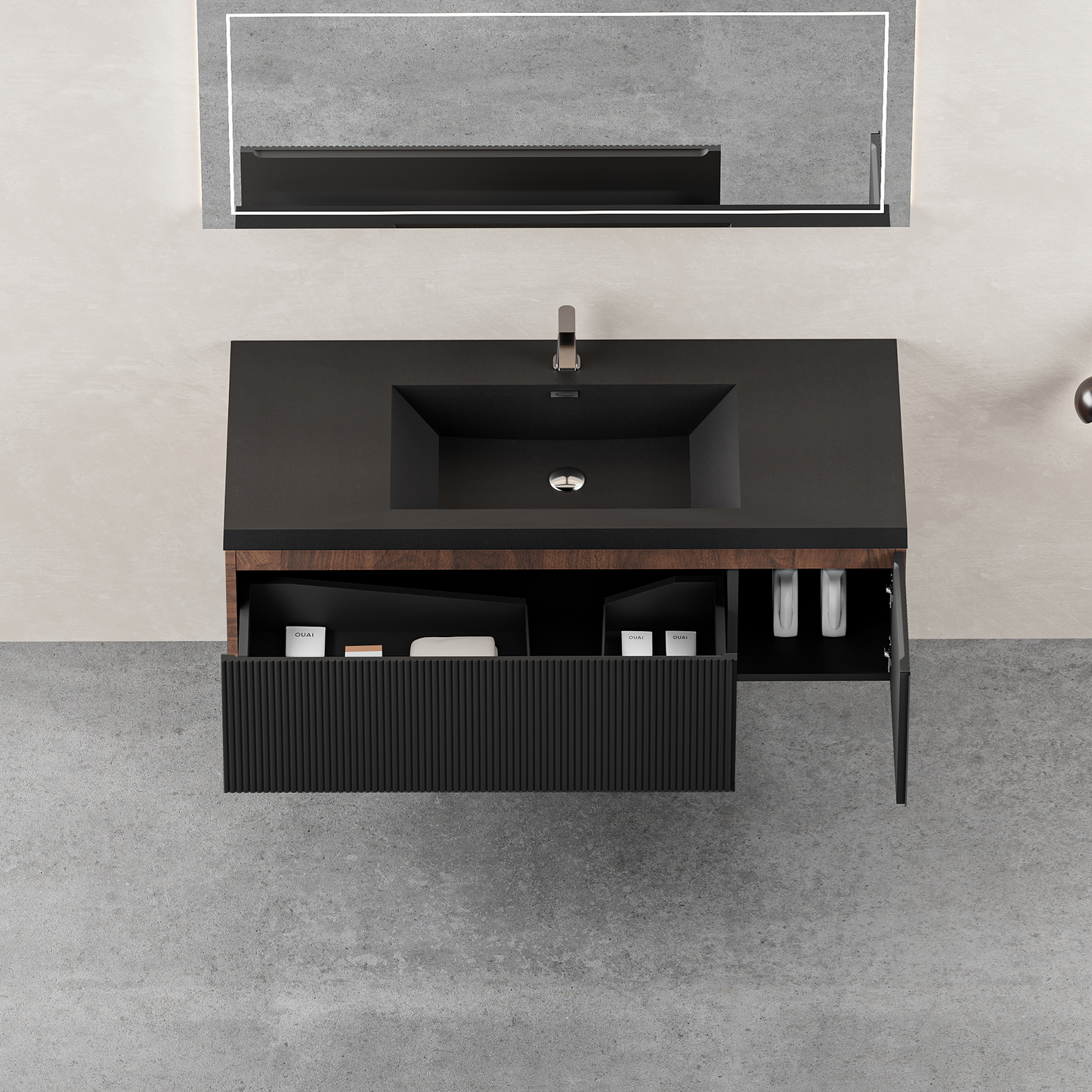 48" Liner - Floating Bathroom Vanity, Smoked Walnut & lnk Black V16-48WAB