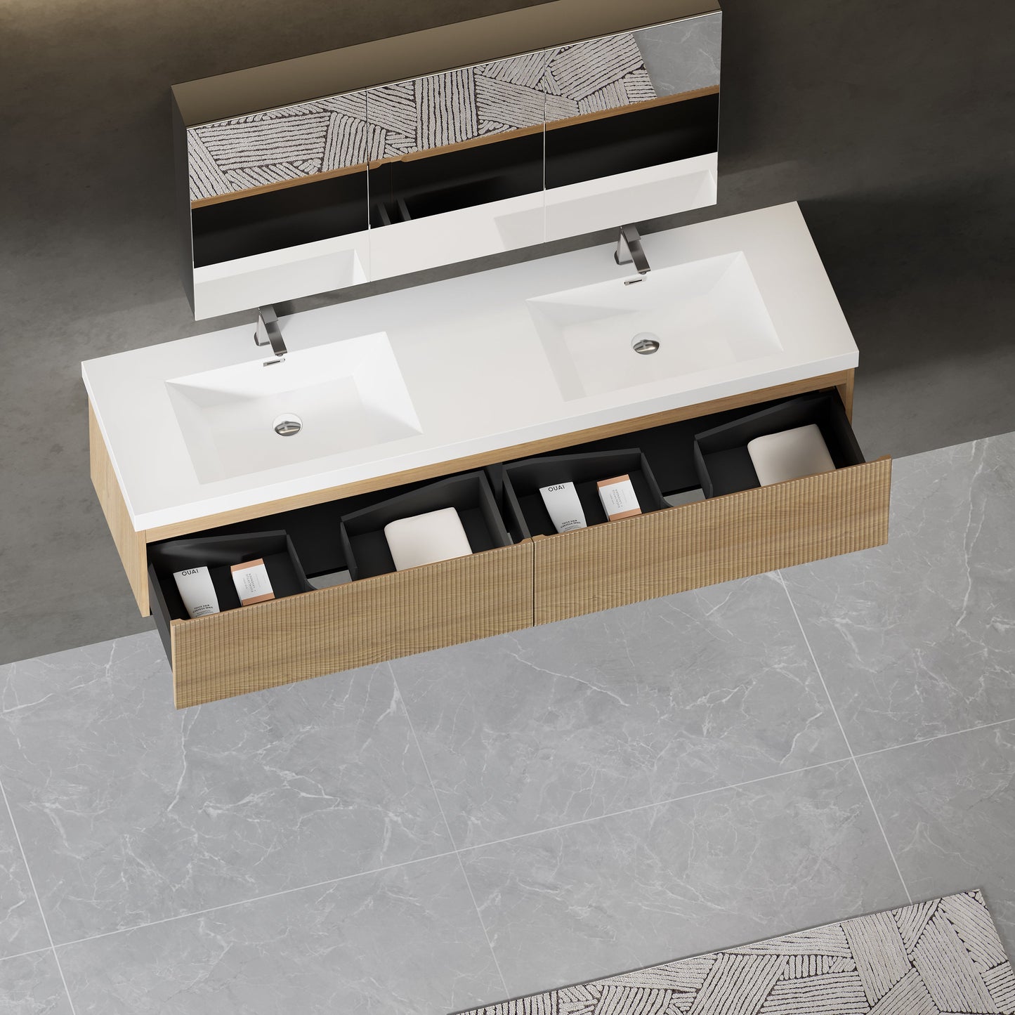 72" Liner - Floating Bathroom Vanity Integrated Double Sink Basin, Natural Oak V16-72NOW