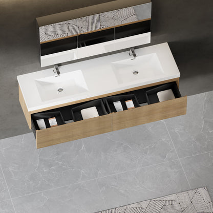 72" Liner - Floating Bathroom Vanity Integrated Double Sink Basin, Natural Oak V16-72NOW