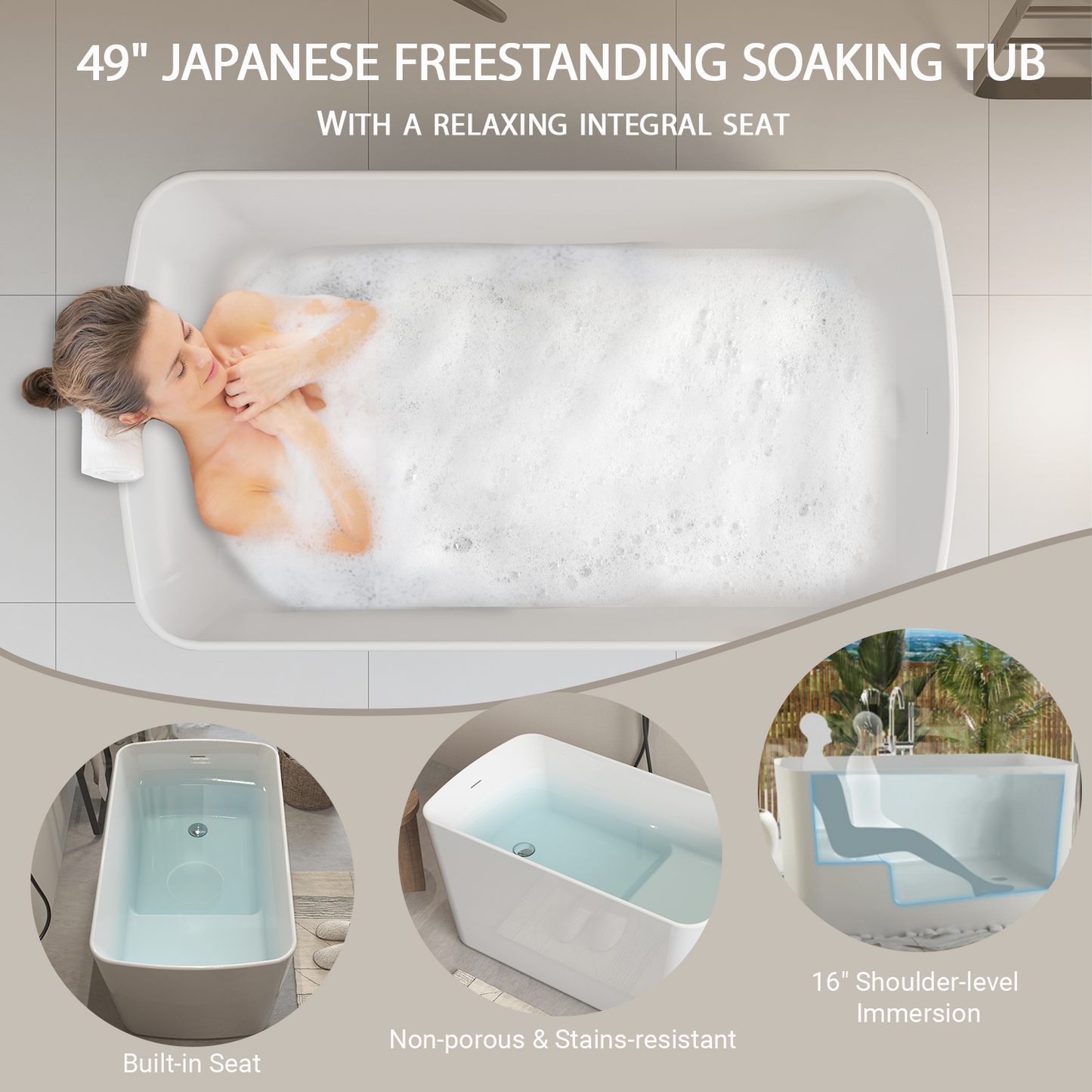 49" Acrylic Freestanding Japanese Sit-in Soaking Bathtub, Glossy White AMA-49