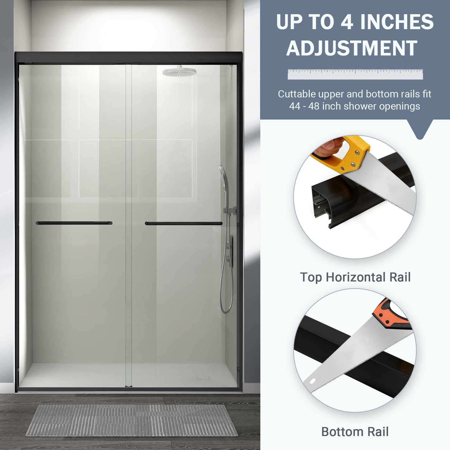 44" - 48" W x 72" H Semi-Frameless Double Sliding Shower Door, D03-48