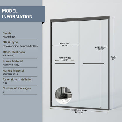 44" - 48" W x 72" H Semi-Frameless Double Sliding Shower Door, D03-48