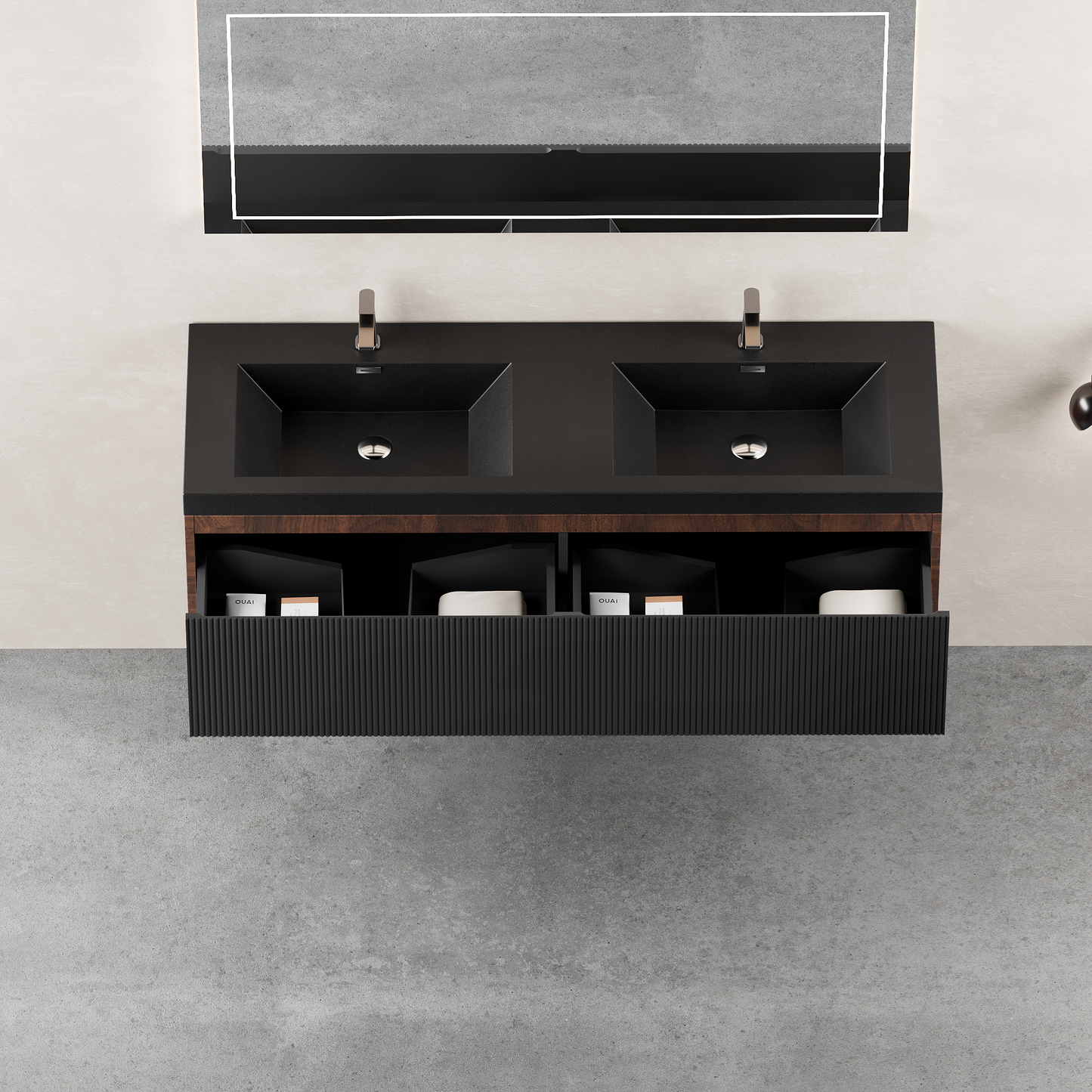 60" Liner - Floating Bathroom Vanity Integrated Double Basin, Smoked Walnut & lnk Black V16-60WAB