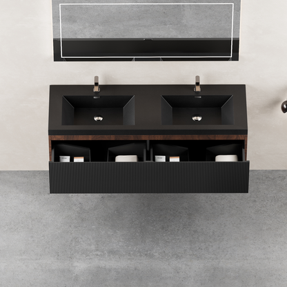 60" Liner - Floating Bathroom Vanity Integrated Double Basin, Smoked Walnut & lnk Black V16-60WAB
