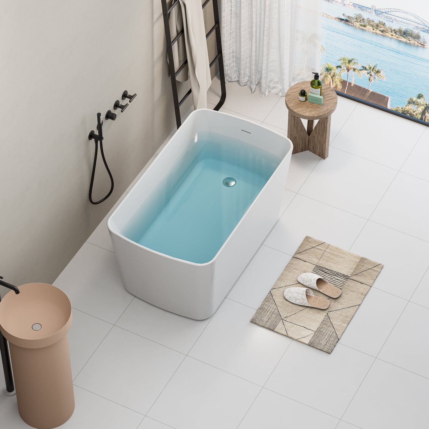 49" Acrylic Freestanding Japanese Soaking Bathtub, Glossy White/Black A01