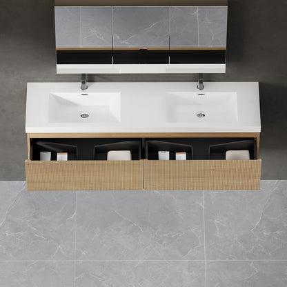 72" Liner - Floating Bathroom Vanity Integrated Double Sink Basin, Natural Oak V16-72NOW