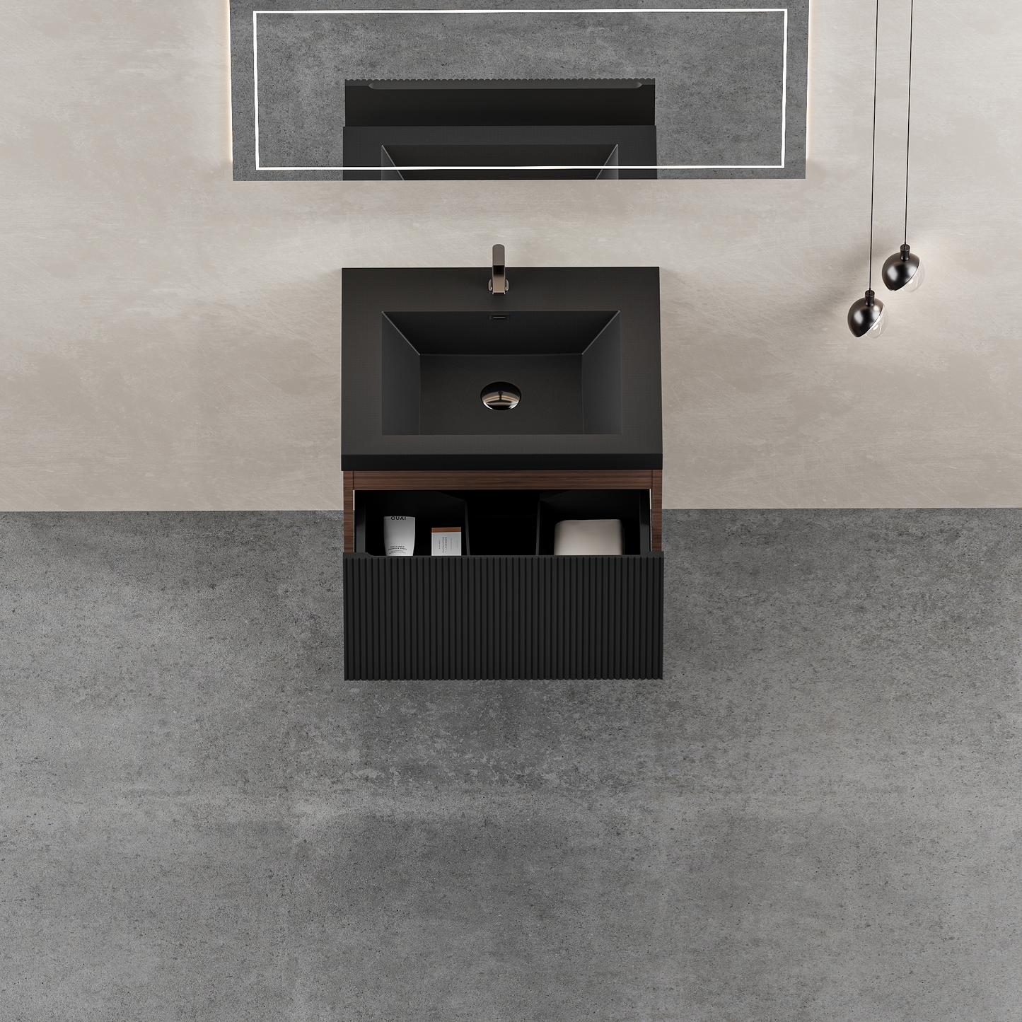 24" Liner - Floating Bathroom Vanity, Smoked Walnut & lnk Black V16-24WAB