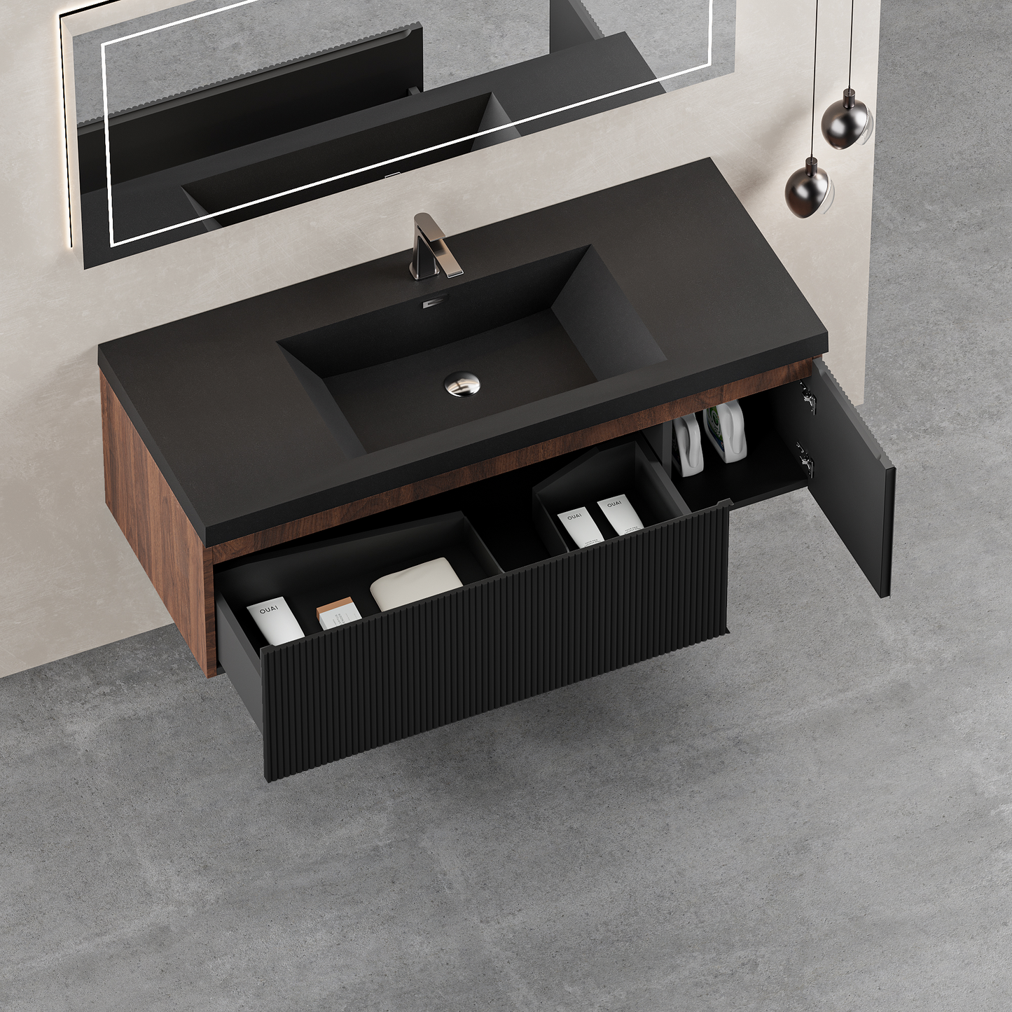 48" Liner - Floating Bathroom Vanity, Smoked Walnut & lnk Black V16-48WAB