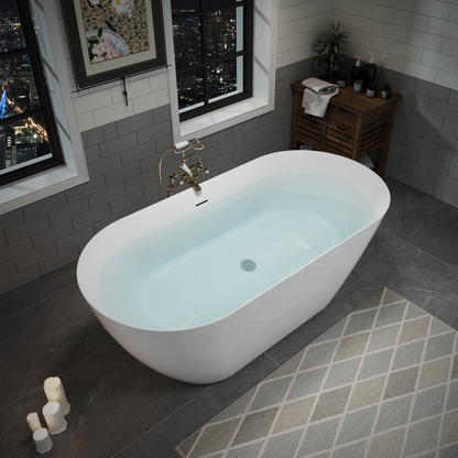 55"/60"/63" Minimalist Oval Acrylic Freestanding Soaking Bathtub, Glossy White A09