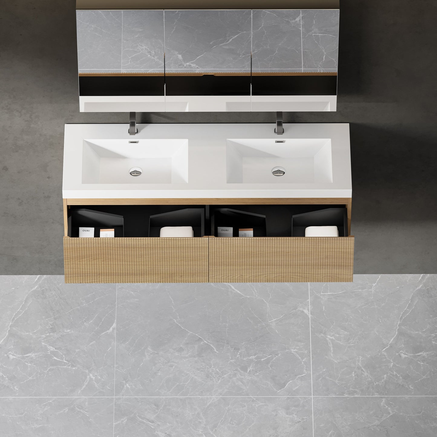 60" Liner - Floating Bathroom Vanity Integrated Double Sink Basin, Natural Oak V16-60NOW