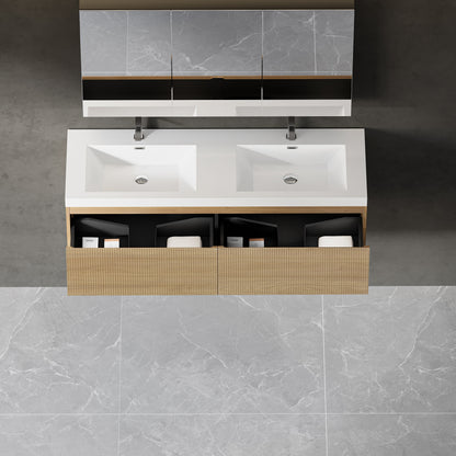 60" Liner - Floating Bathroom Vanity Integrated Double Sink Basin, Natural Oak V16-60NOW