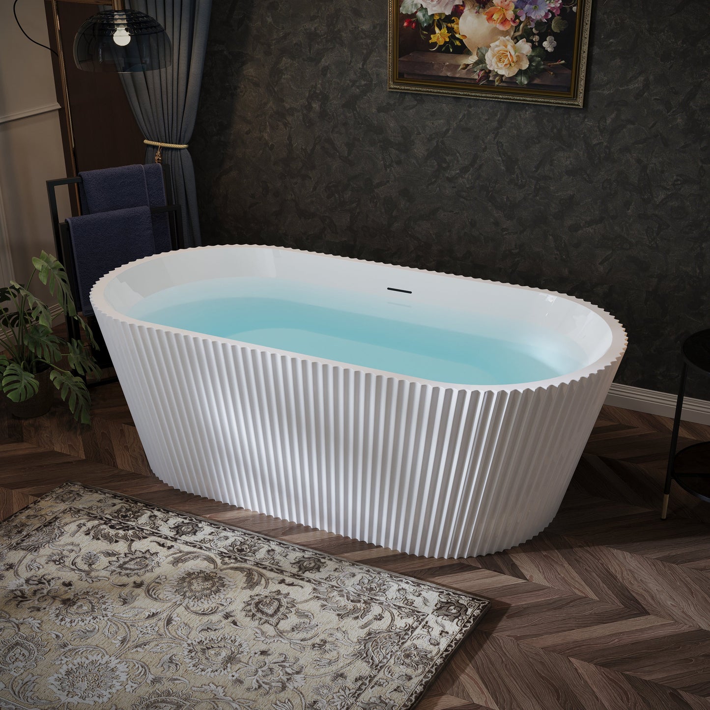 67" Fluted Acrylic Freestanding Soaking Bathtub, Glossy White A13