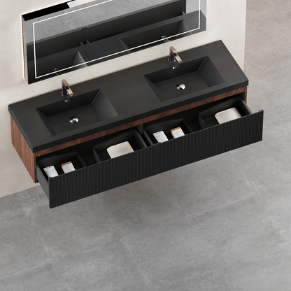 72" Liner - Floating Bathroom Vanity Integrated Double Basin, Smoked Walnut & lnk Black V16-72WAB