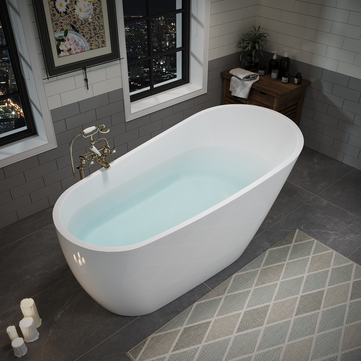 55"/60"/63" Modern Single Slipper Freestanding Acrylic Bathtub, Glossy White A04