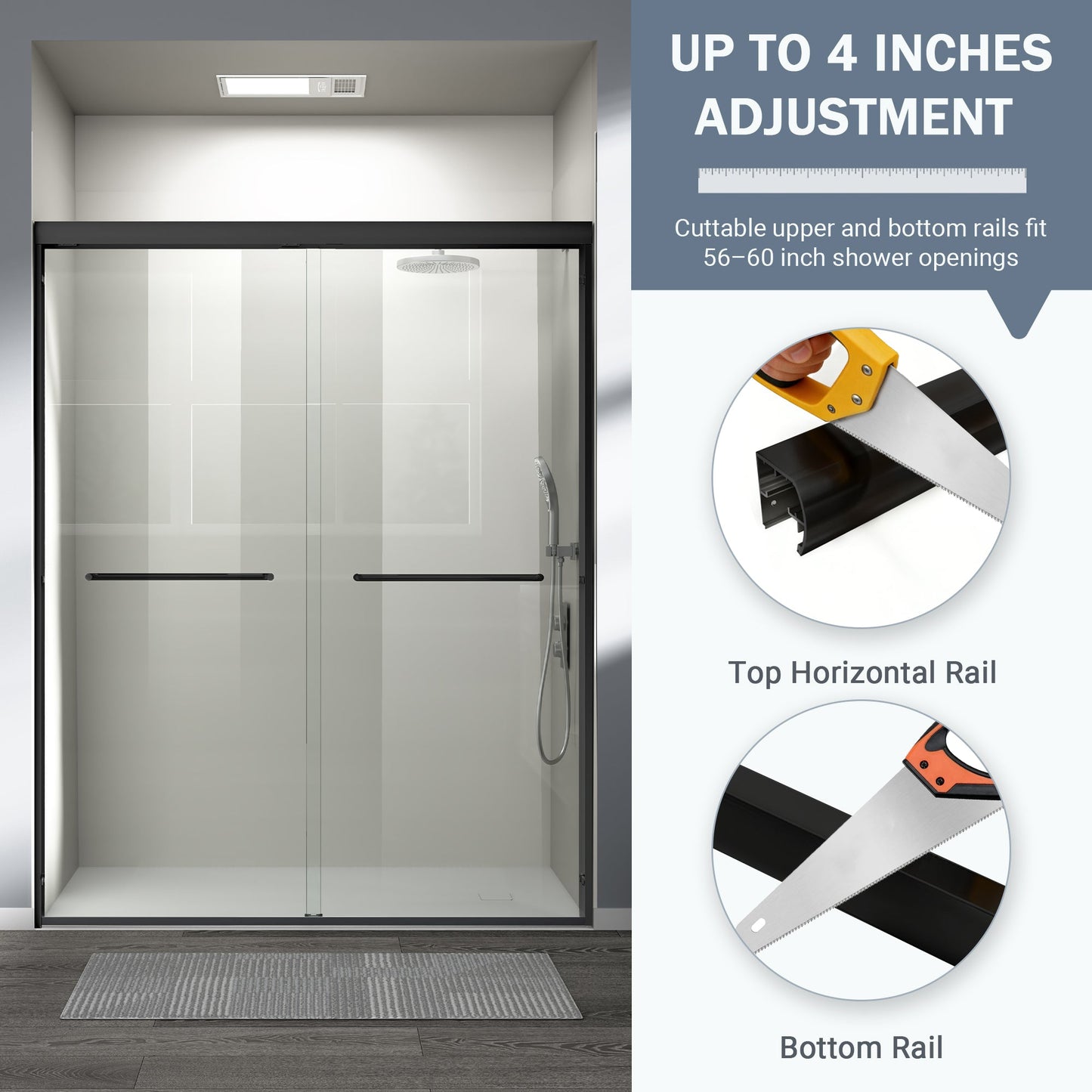 56" - 60" W x 72" H Semi-Frameless Double Sliding Shower Door, D03-60
