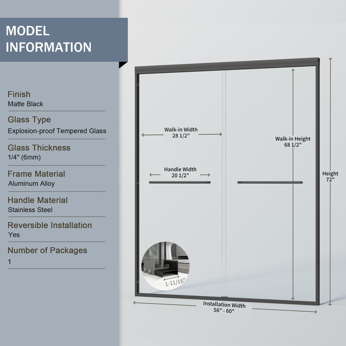 56" - 60" W x 72" H Semi-Frameless Double Sliding Shower Door, D03-60