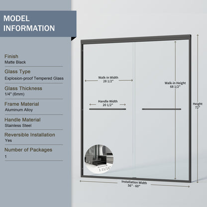 56" - 60" W x 72" H Semi-Frameless Double Sliding Shower Door, D03-60