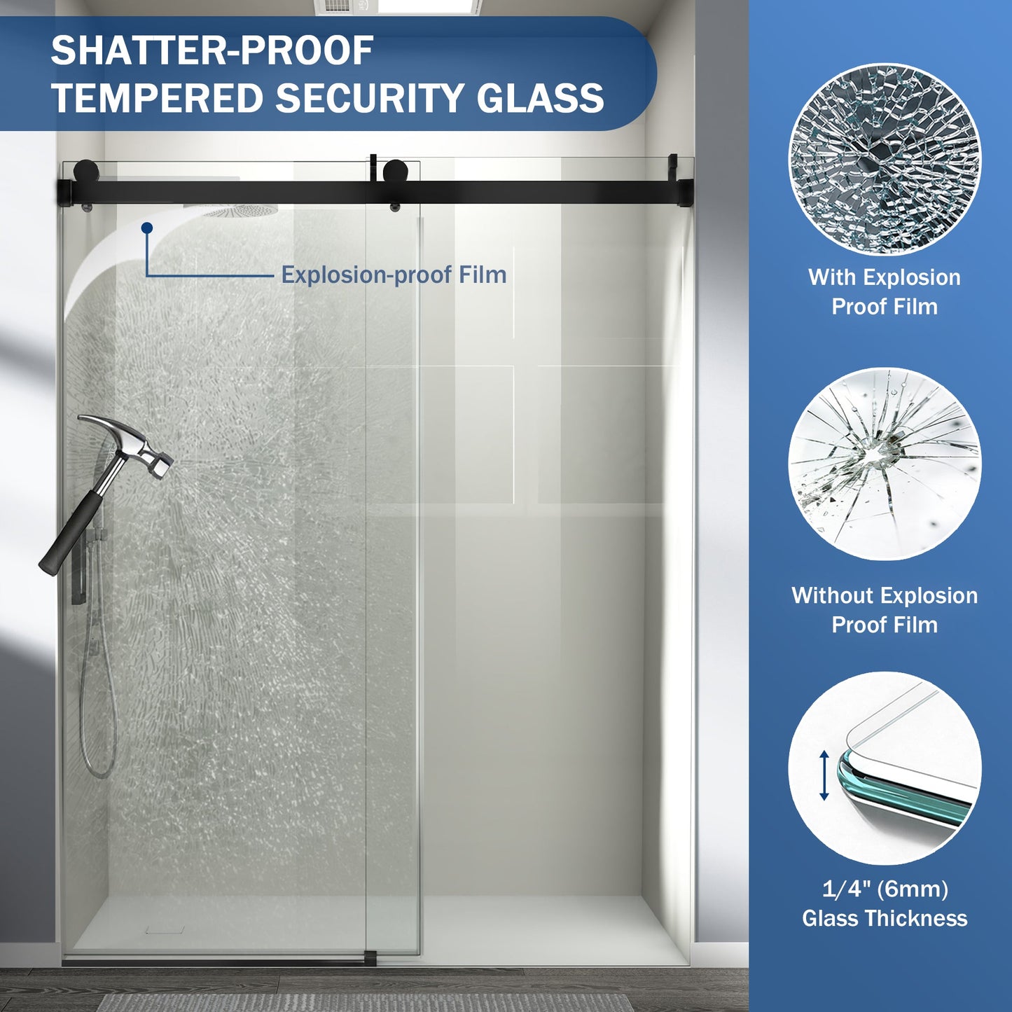 56" – 60" W x 76" H Frameless Soft-Close Single Sliding Shower Door, D01-60