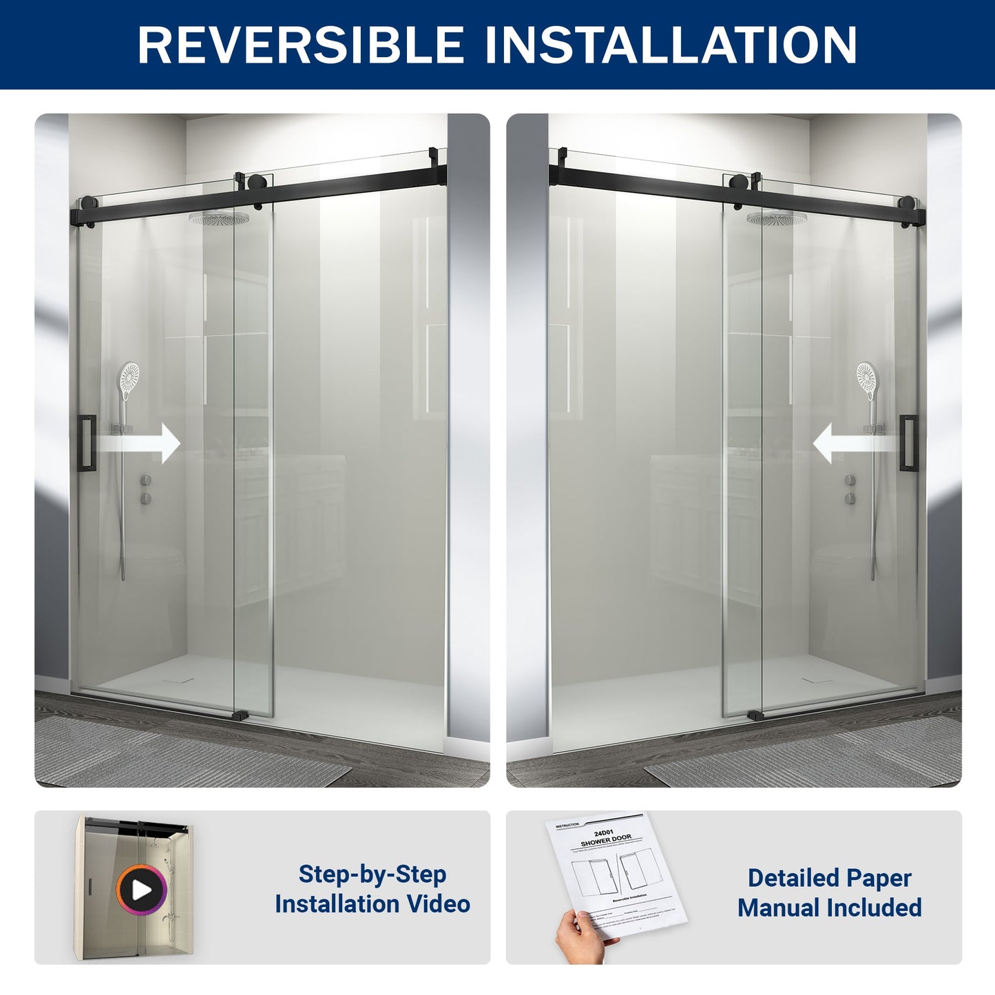 56" – 60" W x 76" H Frameless Soft-Close Single Sliding Shower Door, D01-60