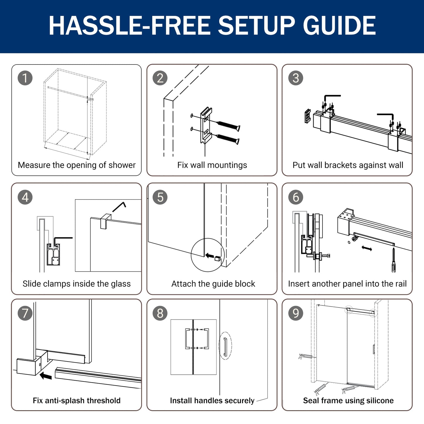 56" – 60" W x 76" H Frameless Soft-Close Single Sliding Shower Door, D01-60