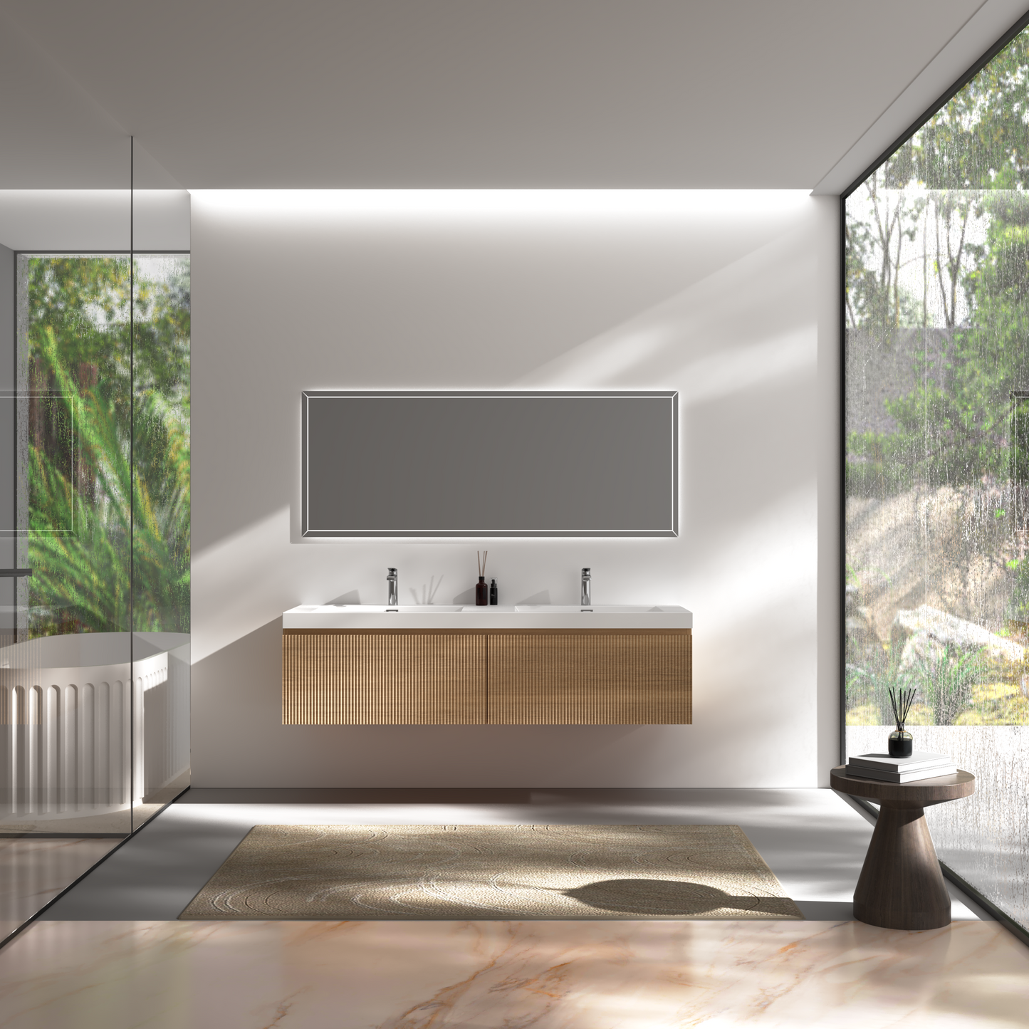 60" Liner - Floating Bathroom Vanity Integrated Double Sink Basin, Natural Oak V16-60NOW
