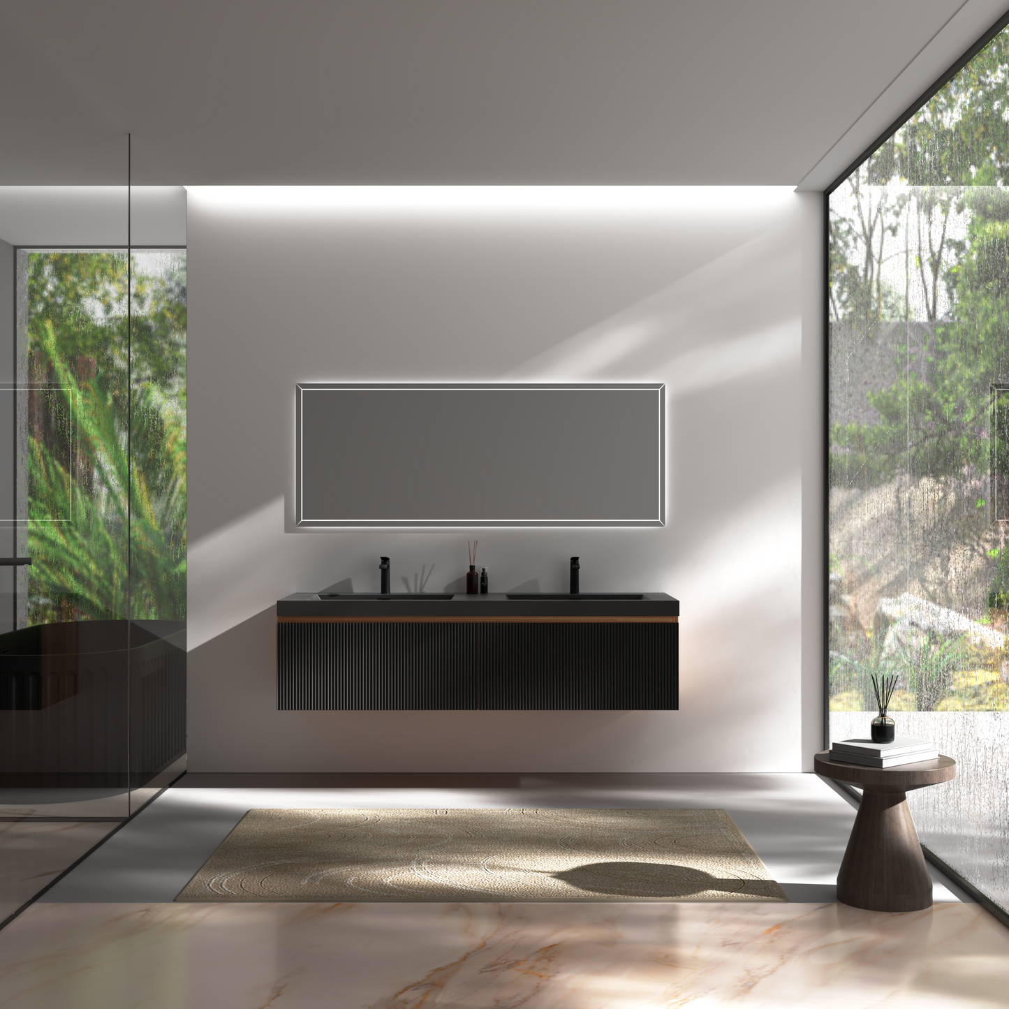 60" Liner - Floating Bathroom Vanity Integrated Double Basin, Smoked Walnut & lnk Black V16-60WAB