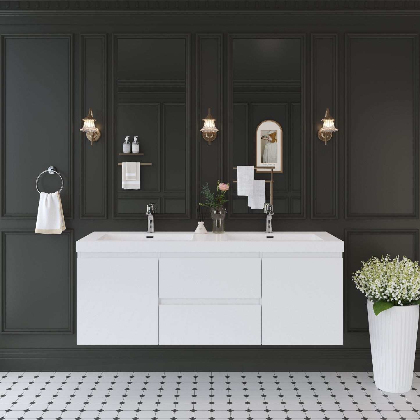 60" Angela - Floating Bathroom Vanity Double Sink Glossy White V11-60DGW